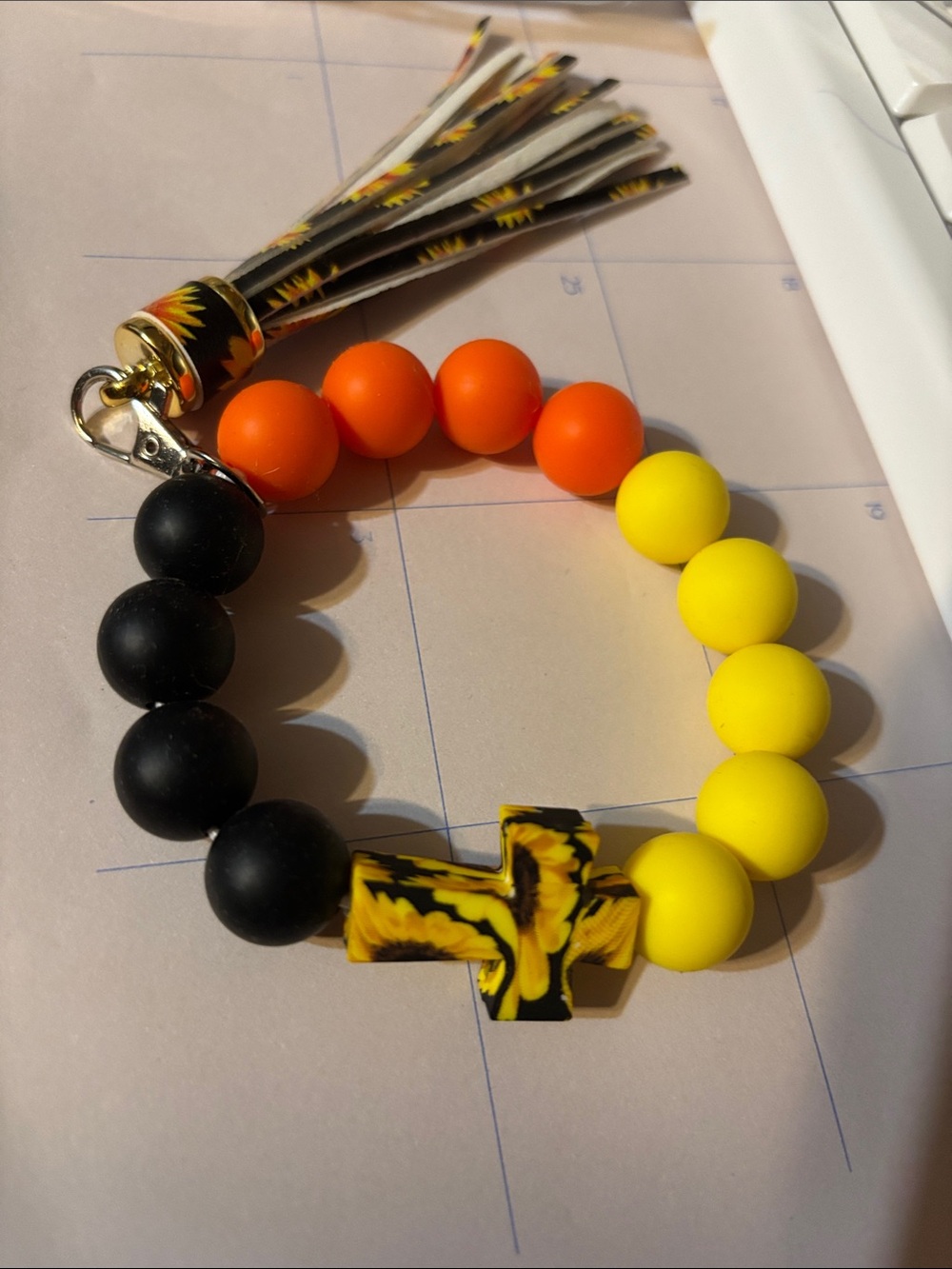 Kids Silicone Bead Bracelet with Tassel - Black, Orange & Yellow